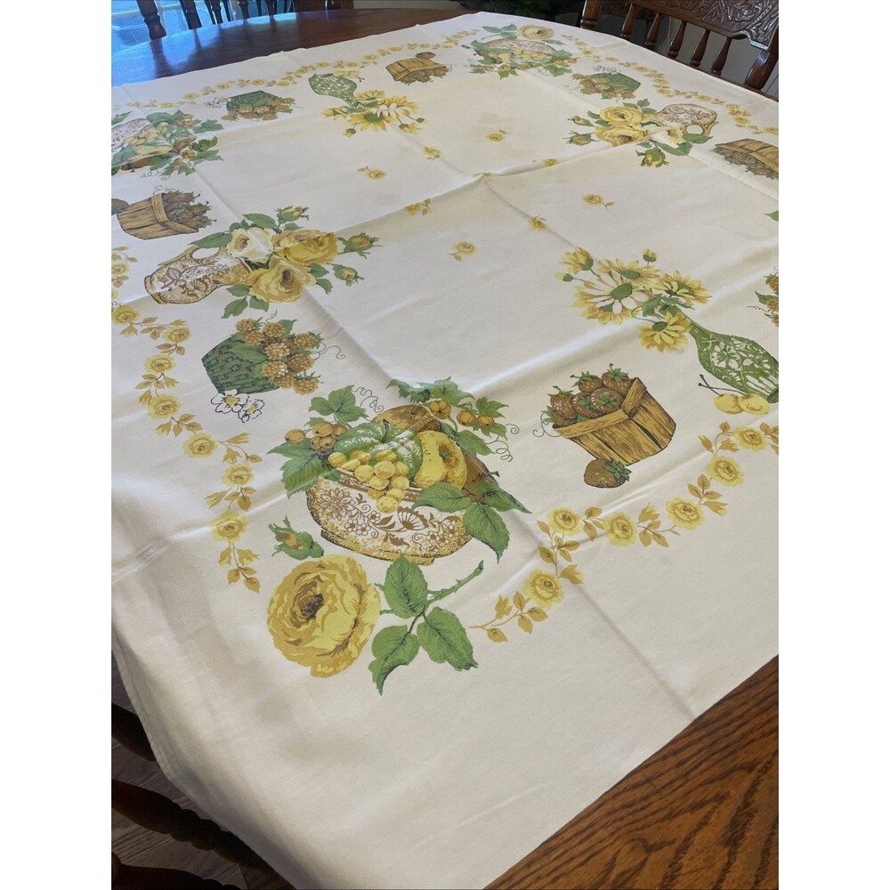 Vtg Square Linen Cotton Tablecloth Yellow Floral Strawberries Fruit 51”x47” READ